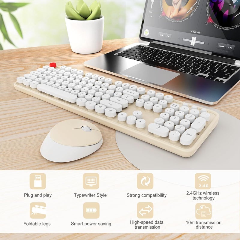 SkyGive Wireless Keyboard and Mouse Combo, Ergonomic Full Size Typewriter Retro Round Keycaps Keyboard, Compatible with Windows, PC, Perfer for Home and Office Keyboards (Beige - Image 3